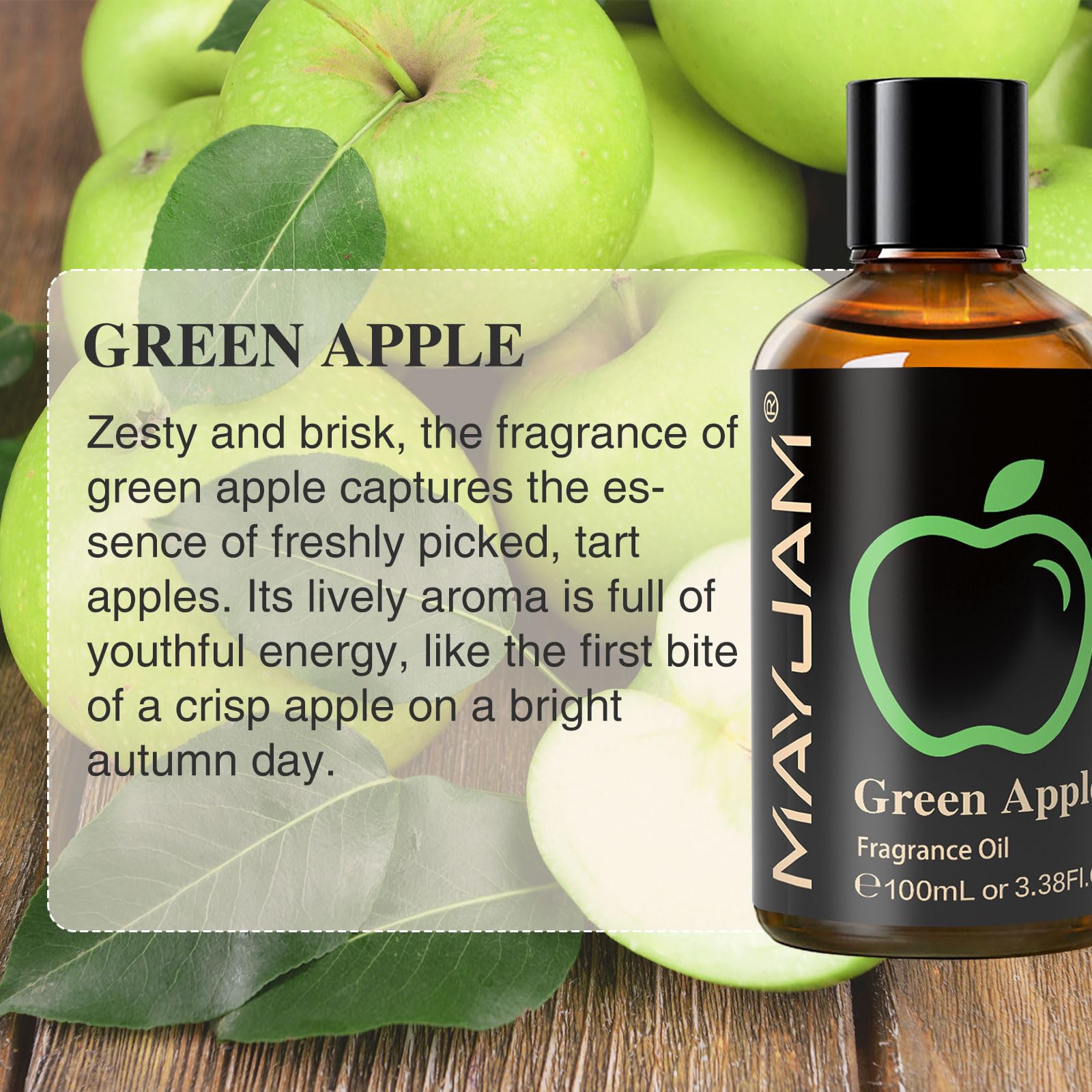 MAYJAM Green Apple amber glass bottle preserves fragrance for extended use.