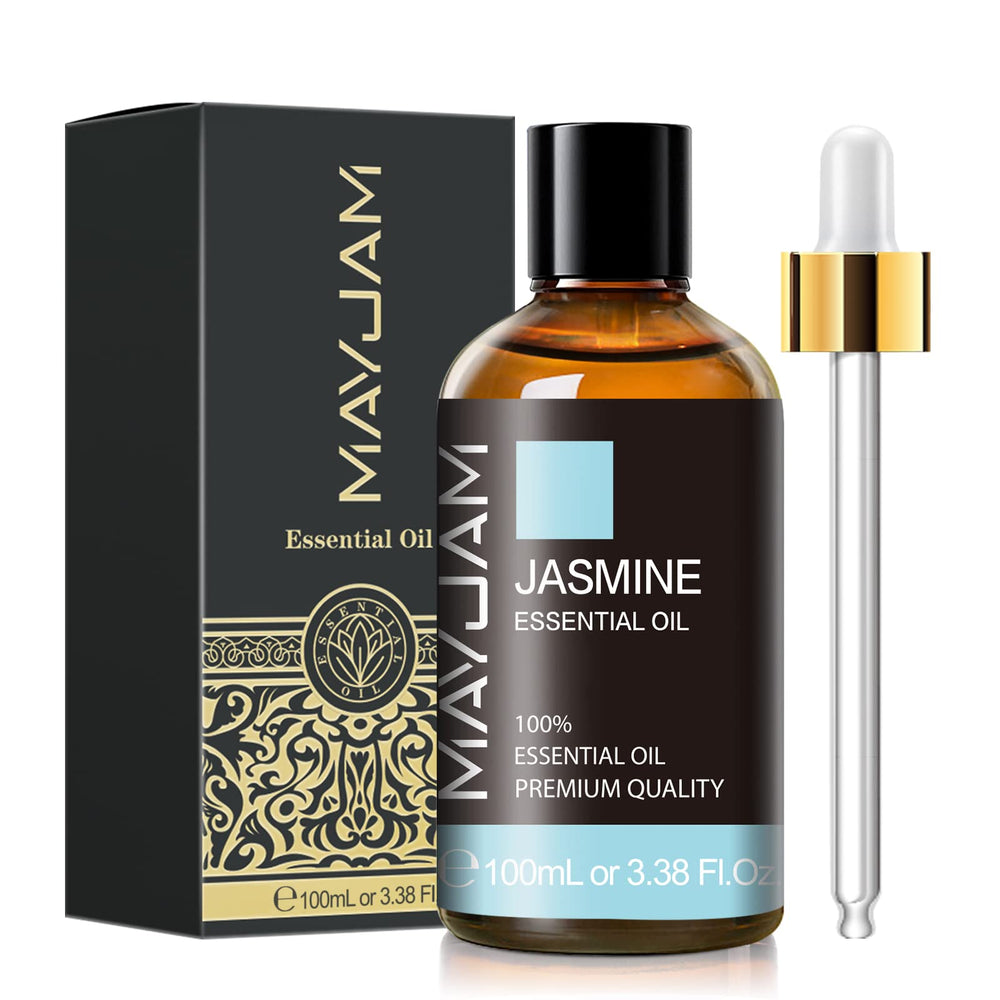 Aceite esencial MAYJAM jazmín en frasco ámbar con gotero para uso prolongado.