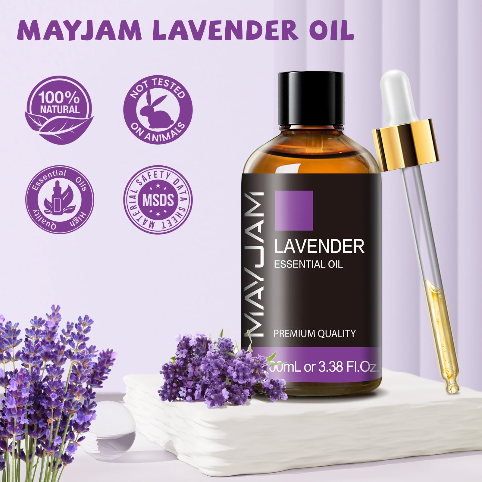 MAYJAM Lavender essential oil with dropper for precise dosing.