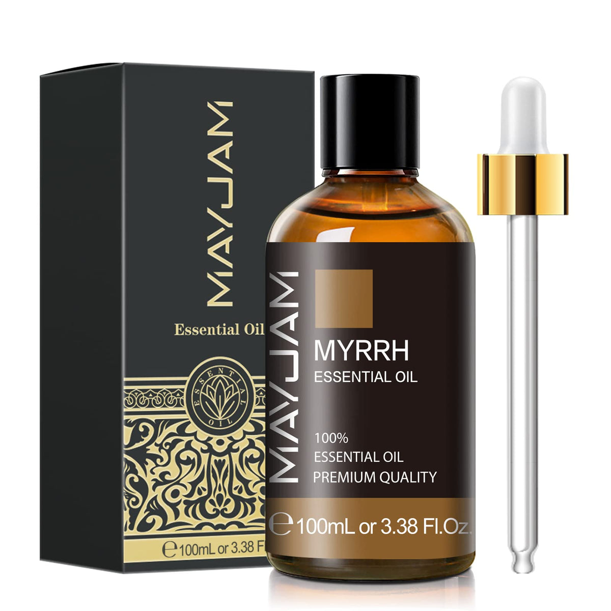 MAYJAM Myrrh oil bottle close-up showing amber glass and rich aroma