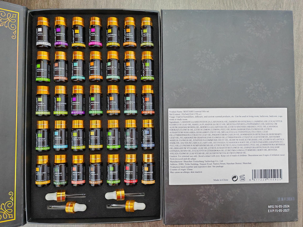 MAYJAM oil collection label closeup showcasing varied scents and colorful bottles.