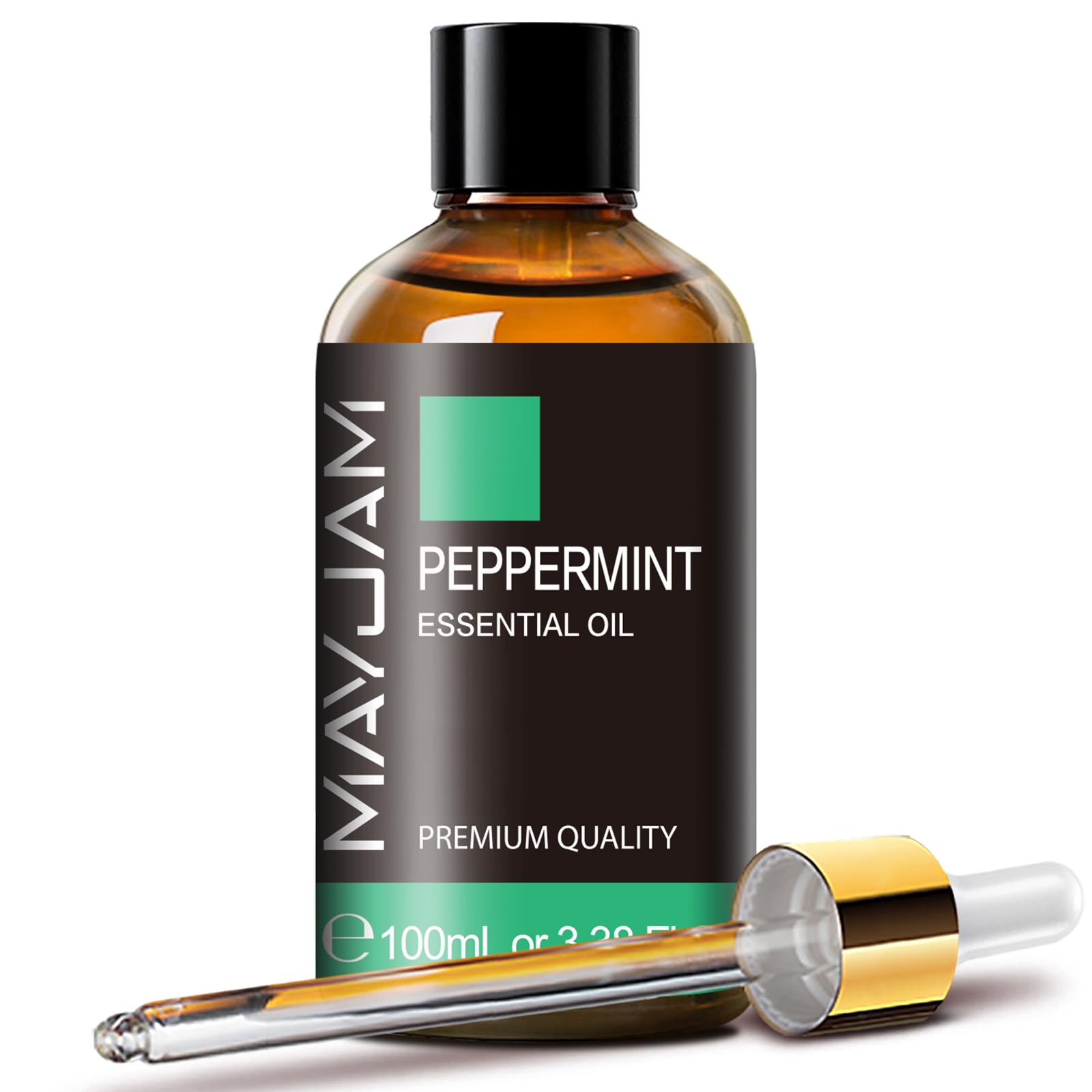 MAYJAM Peppermint Essential Oil bottle in amber glass for lasting fragrance and easy dispensing.