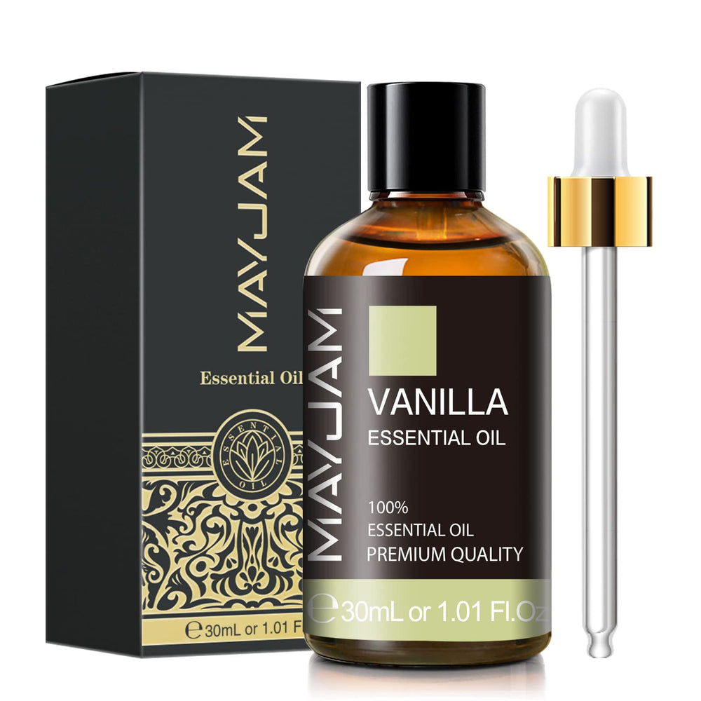 MAYJAM vanilla oil dropper closeup enables precise dispensing for DIY projects.