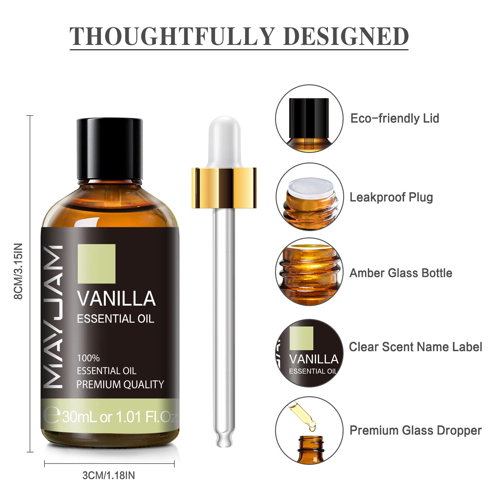 MAYJAM vanilla oil packaging includes amber bottle and glass dropper.
