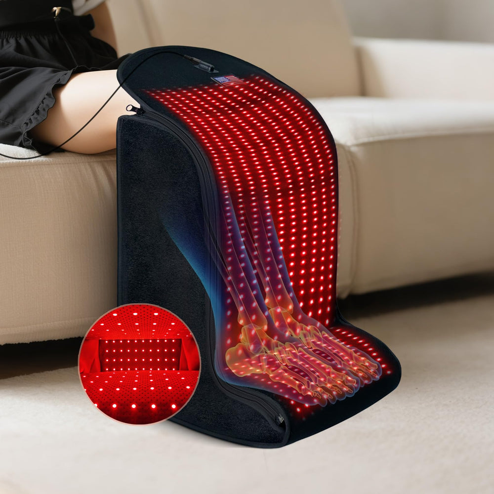 MAYLINK red light feet device in use for foot fatigue relief.