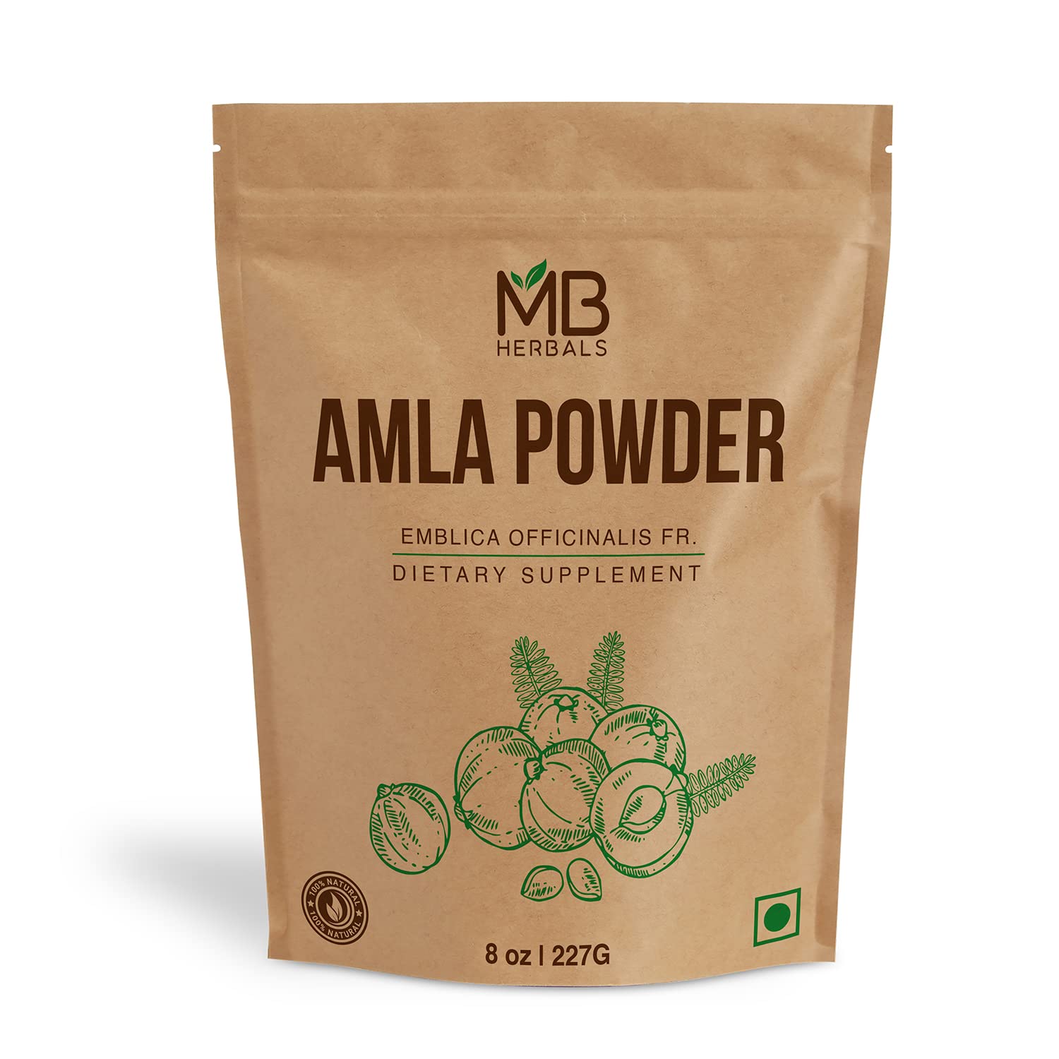 MB Herbals Amla powder bottle for seed-free smoothies.