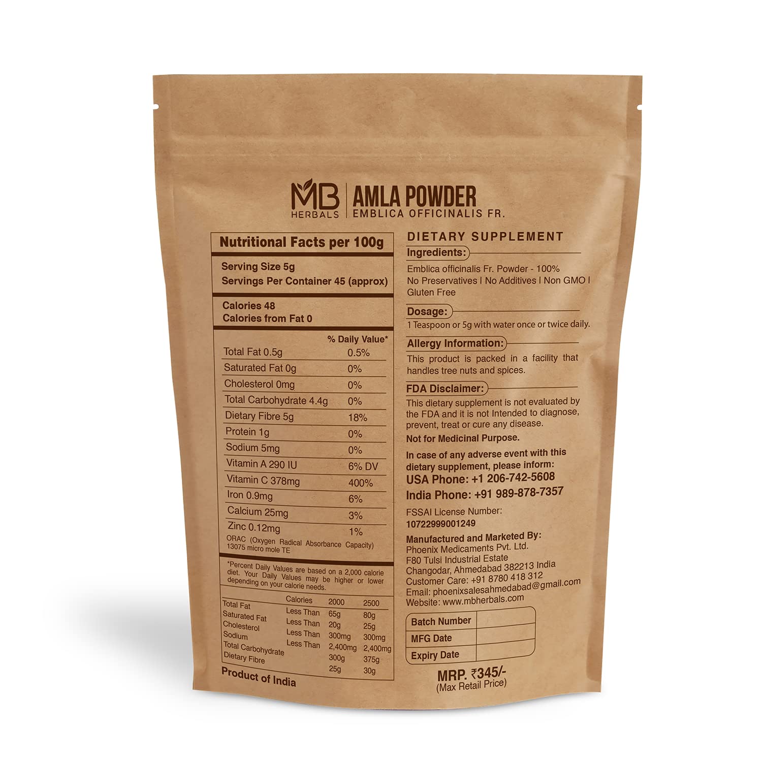 MB Herbals Amla powder packaging highlights seed-free, natural goodness.