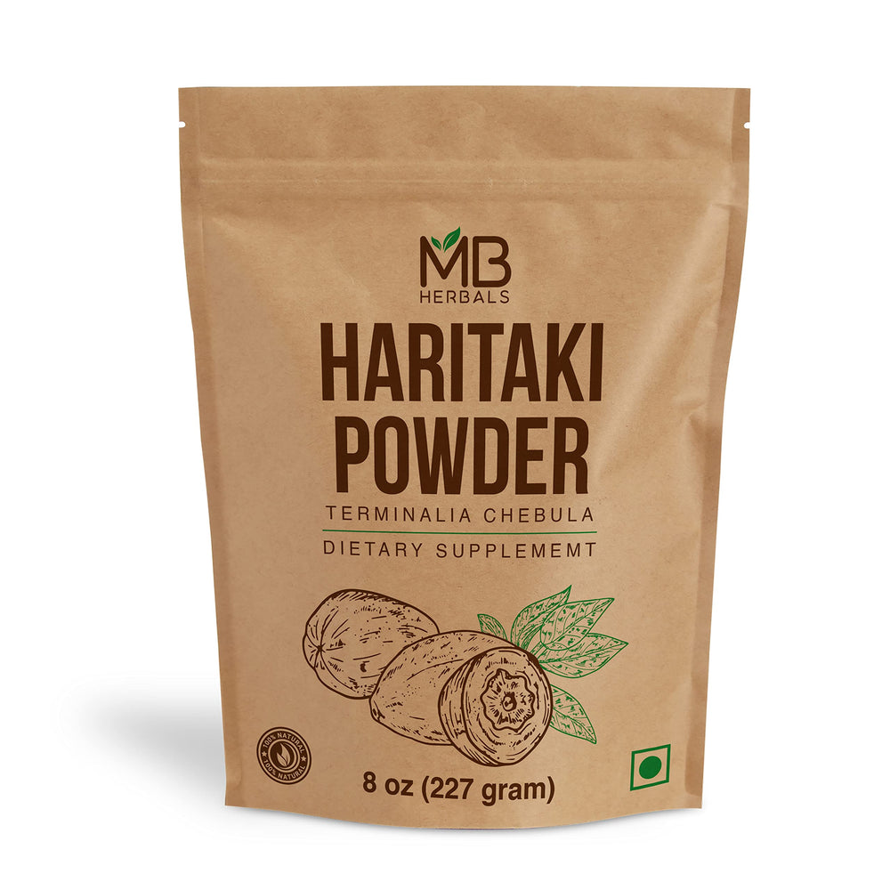 MB Herbals Haritaki powder bottle—fine texture ideal for smoothies and warm beverages