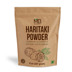 MB Herbals Haritaki powder bottle—fine texture ideal for smoothies and warm beverages