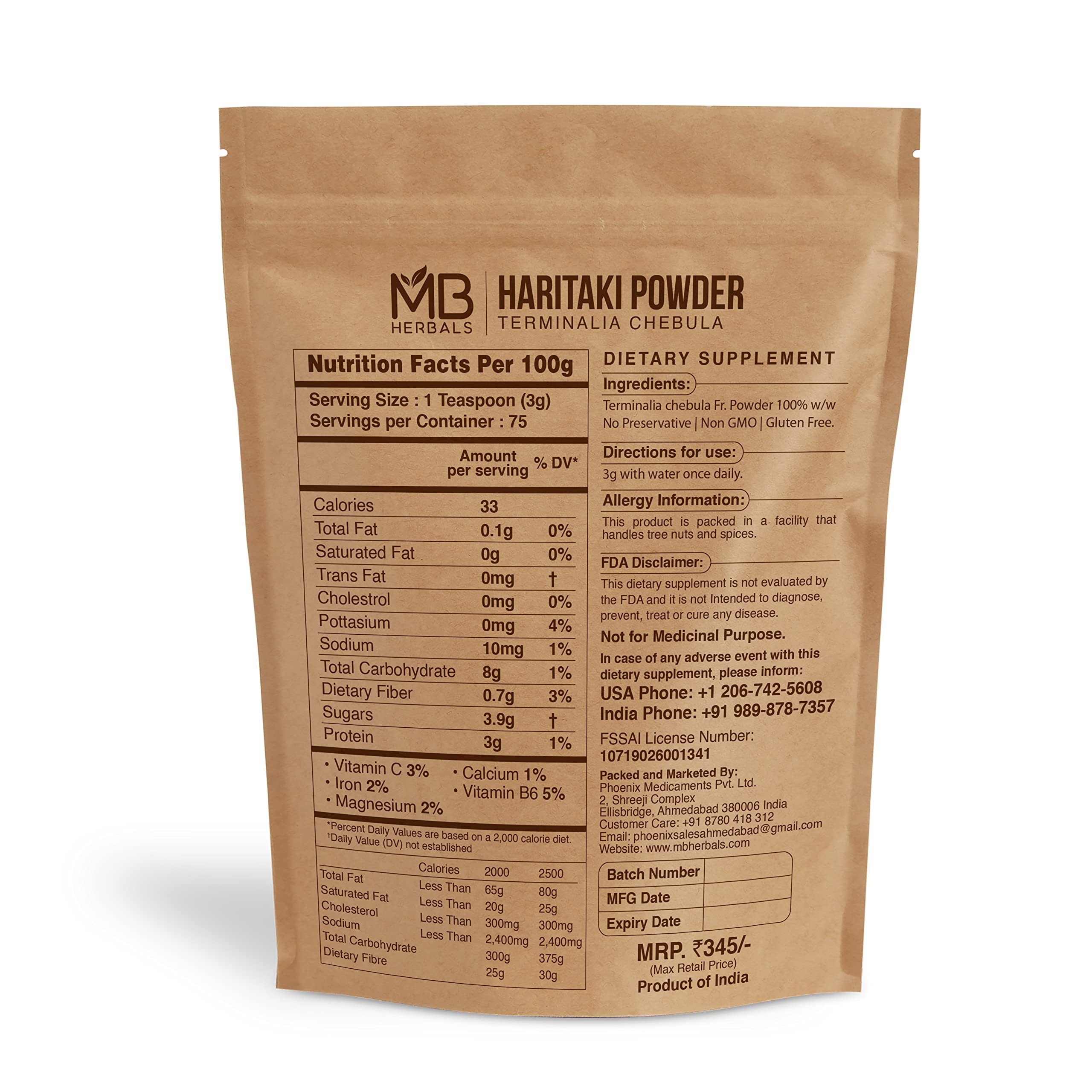 MB Herbals Haritaki powder packaging—gluten-free, preservative-free label for clean ingredients