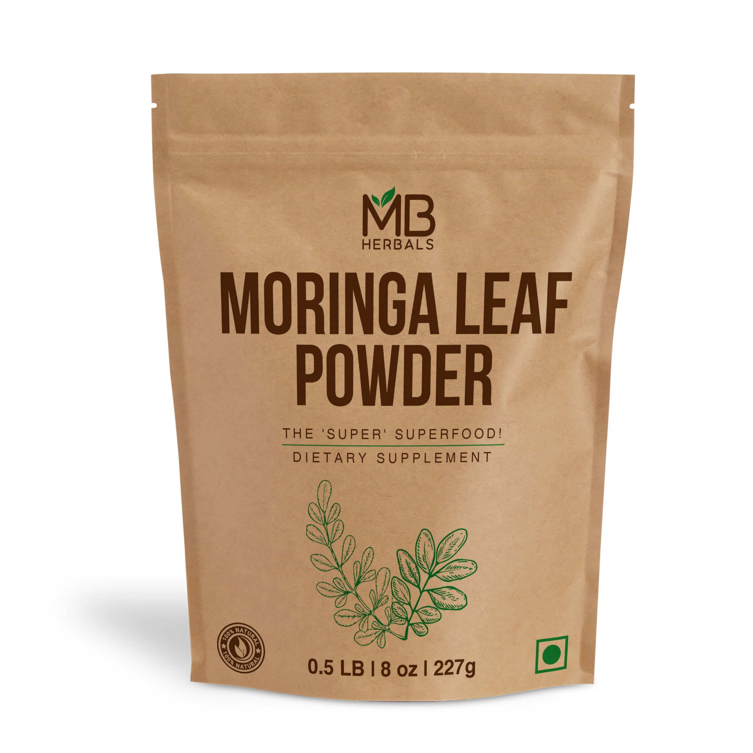 MB Herbals Moringa leaf powder bottle—premium 100% leaf powder for smoothies