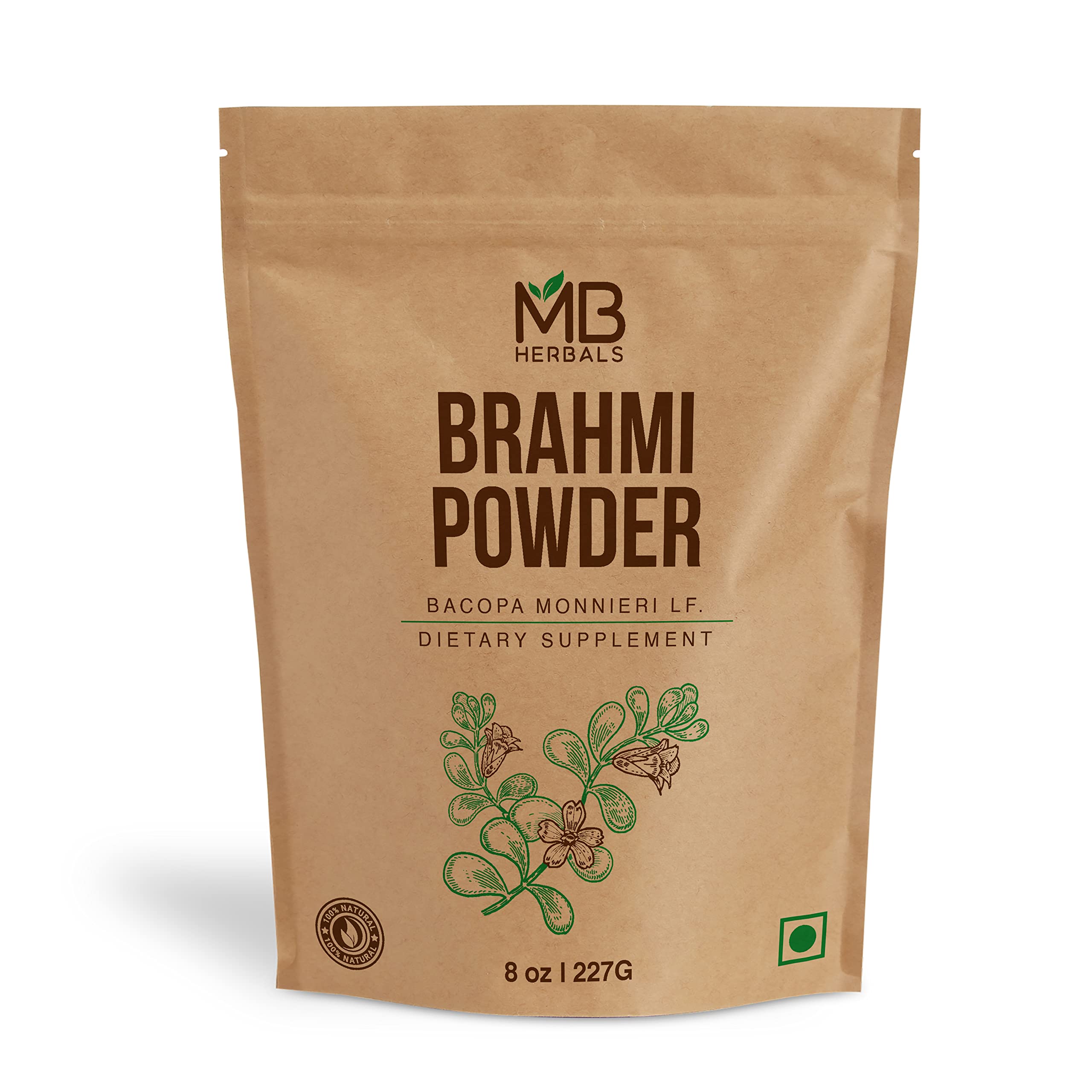 MB Herbals Pure Brahmi Powder front pack for easy dosing in hair care routines