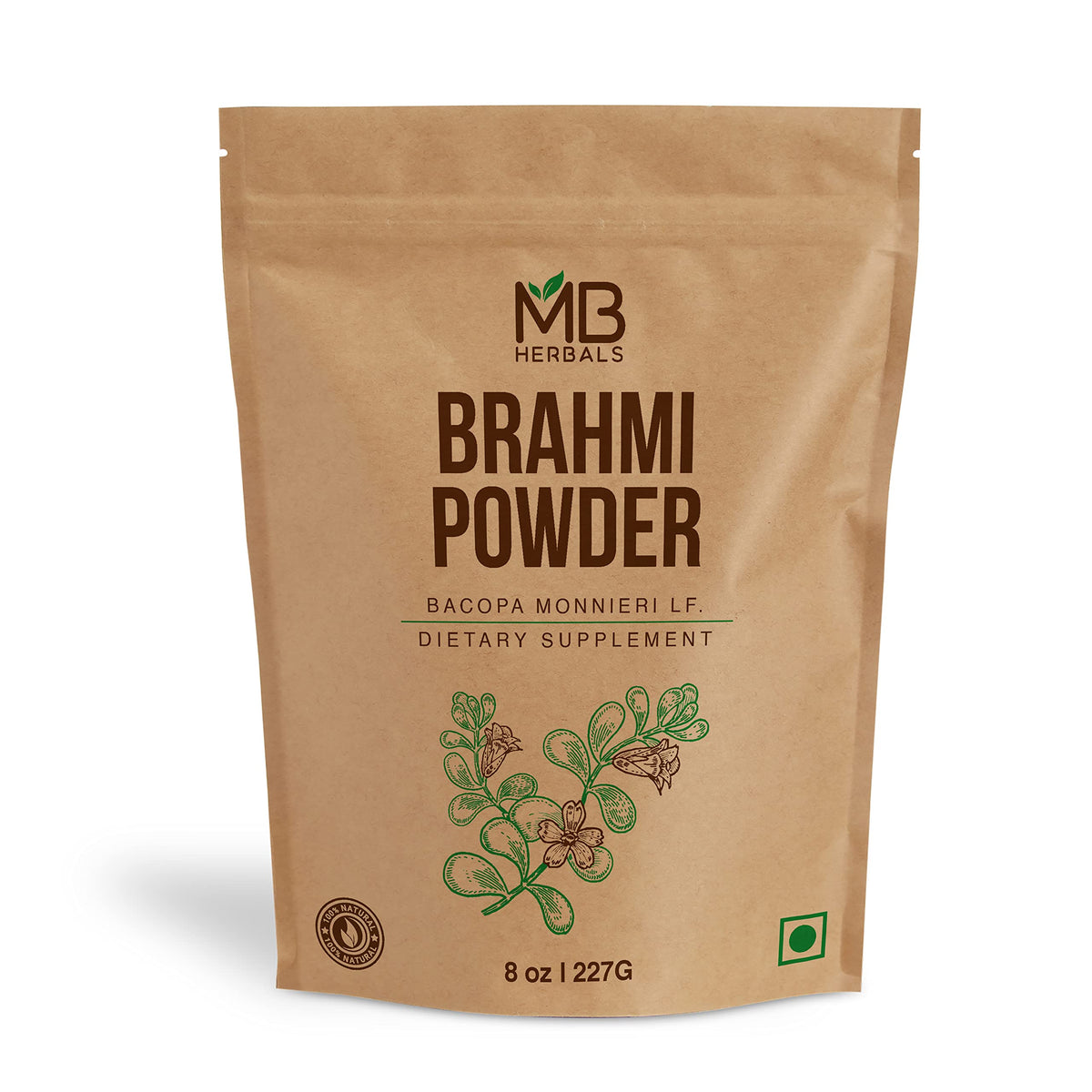 MB Herbals Pure Brahmi Powder front pack for easy dosing in hair care routines