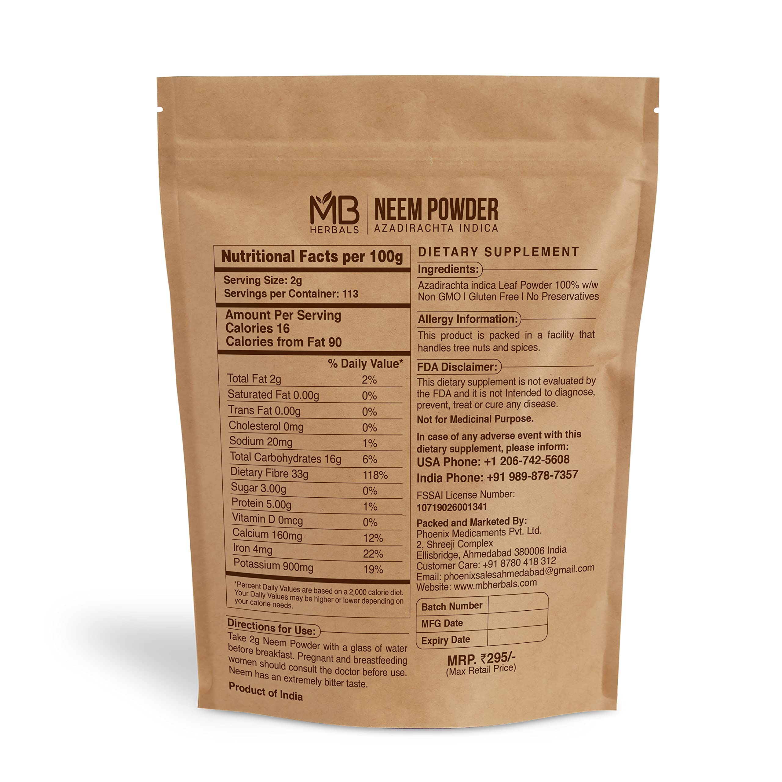 MB Herbals Neem Powder packaging, 227 g, ideal for DIY skin and hair routines.