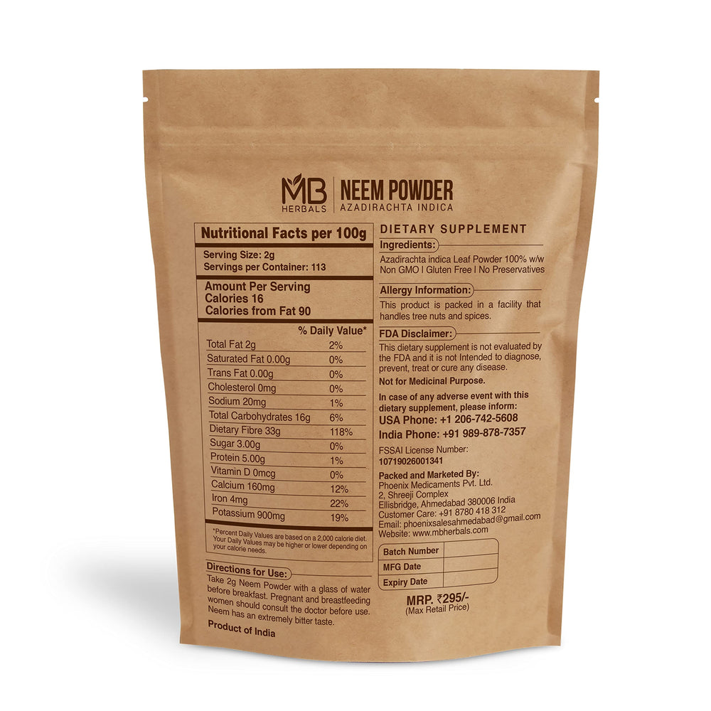 MB Herbals Neem Powder packaging, 227 g, ideal for DIY skin and hair routines.
