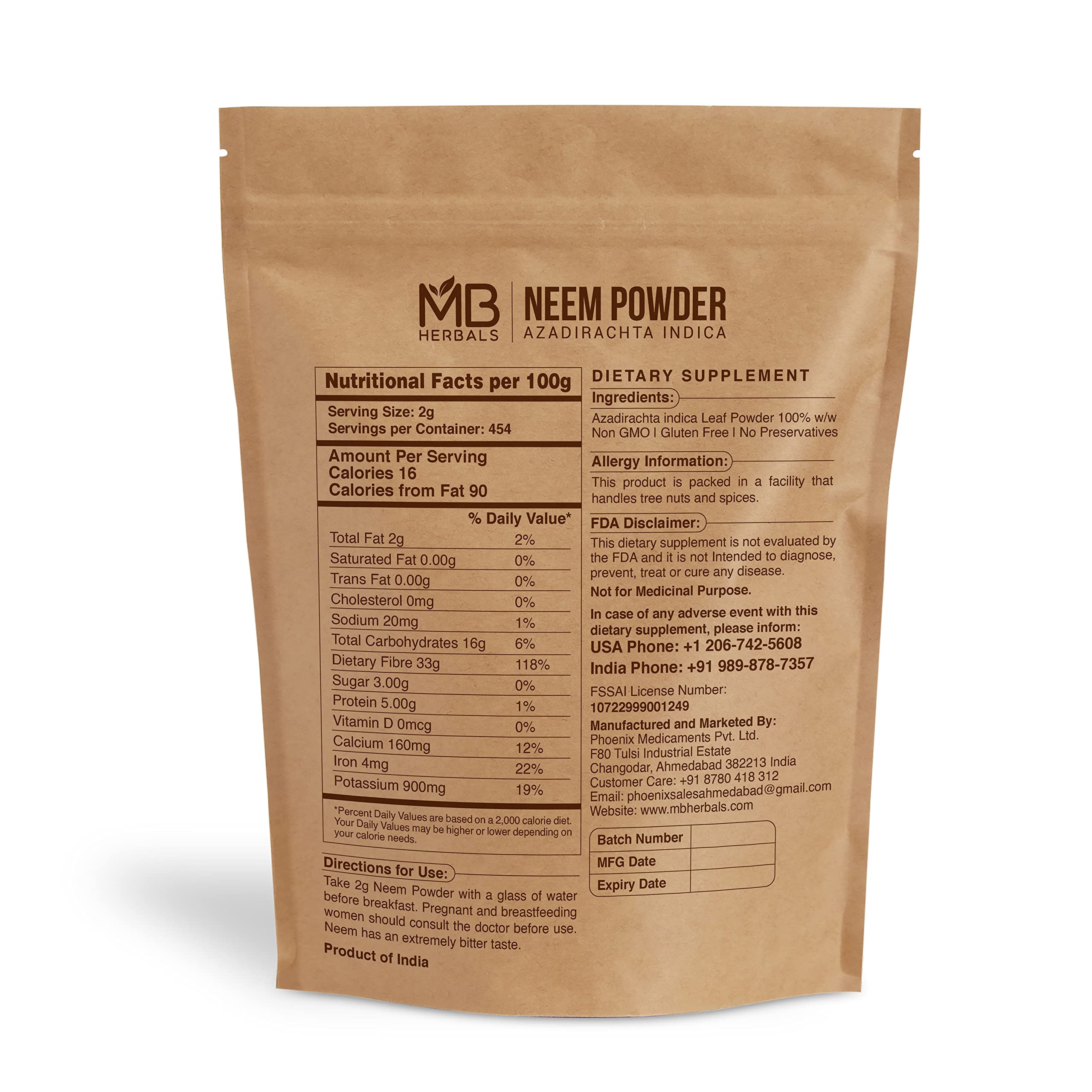 MB Herbals Neem Powder 2 lb pack for detox and natural cleansing