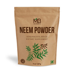 MB Herbals Neem Powder bottle for skin and hair care, crafted from wild neem leaves.