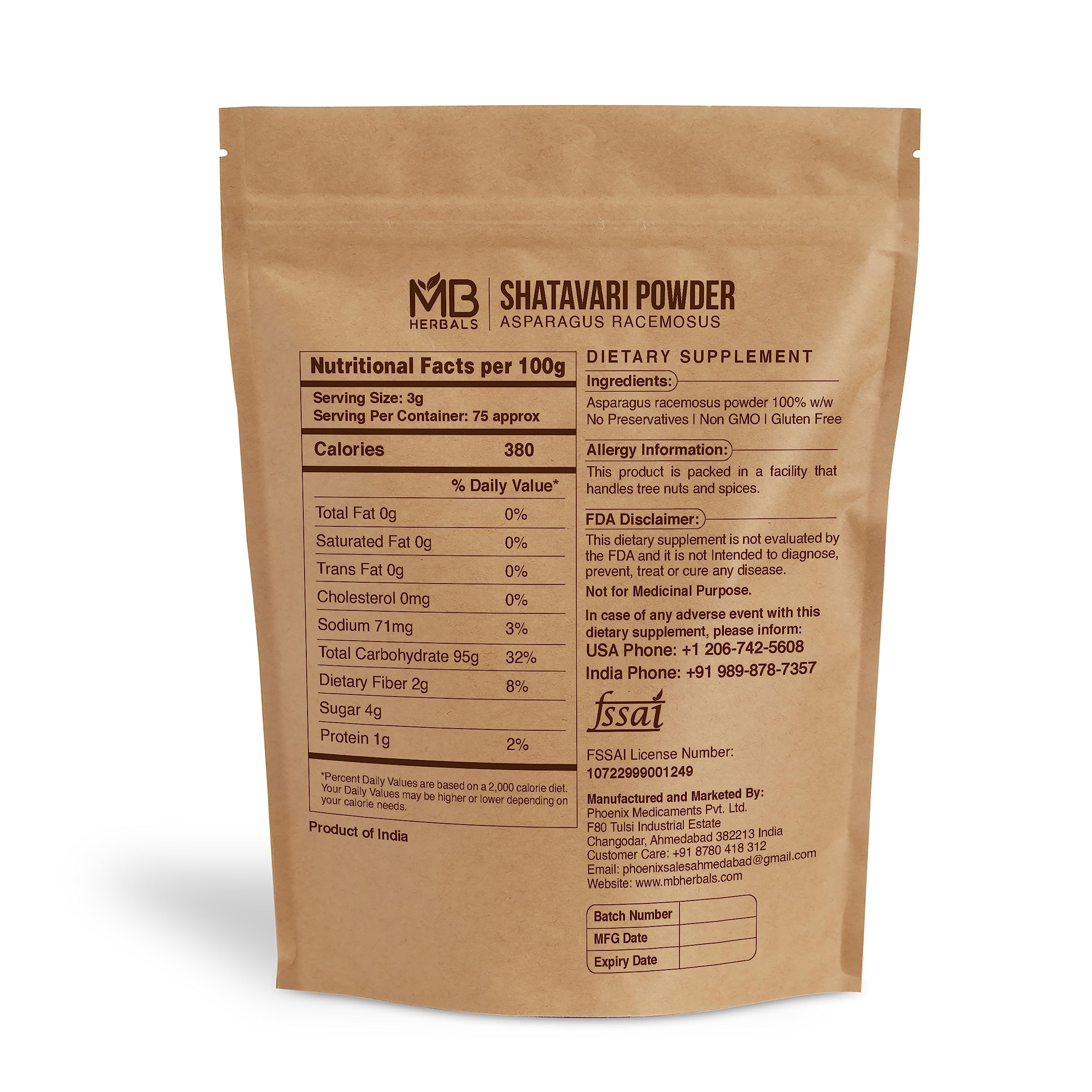 MB Herbals Shatavari powder packaging signals 227 g pack for vegan, gluten-free routines.