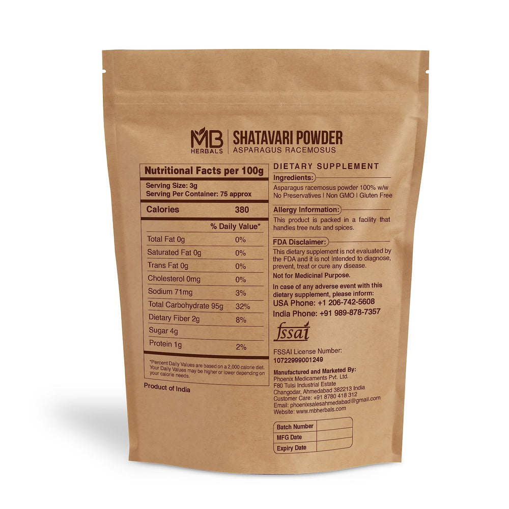 MB Herbals Shatavari powder packaging signals 227 g pack for vegan, gluten-free routines.