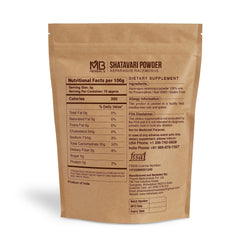MB Herbals Shatavari powder packaging signals 227 g pack for vegan, gluten-free routines.
