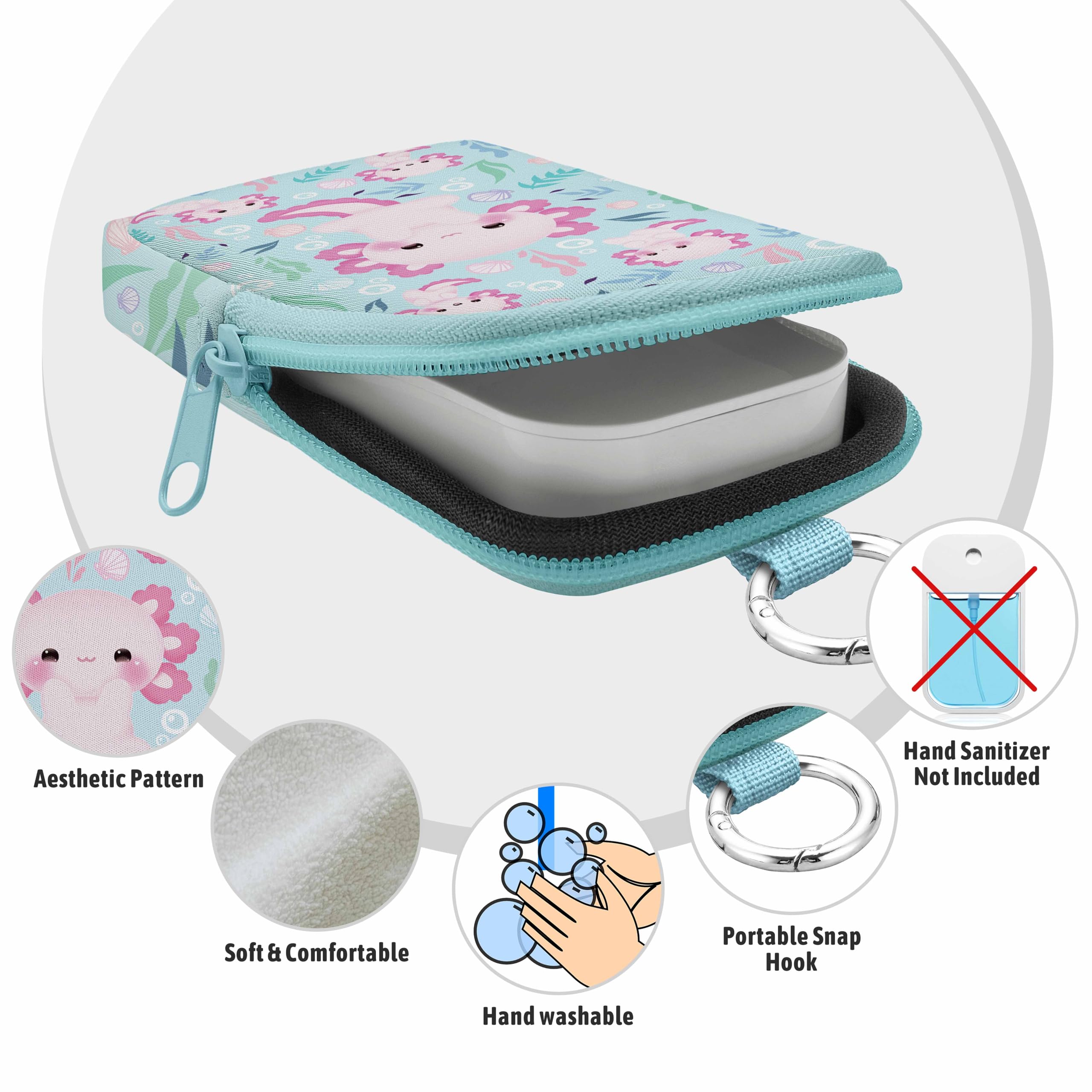 Mcapirivo Axolotls zippered pouch with snap hook ready to hang.