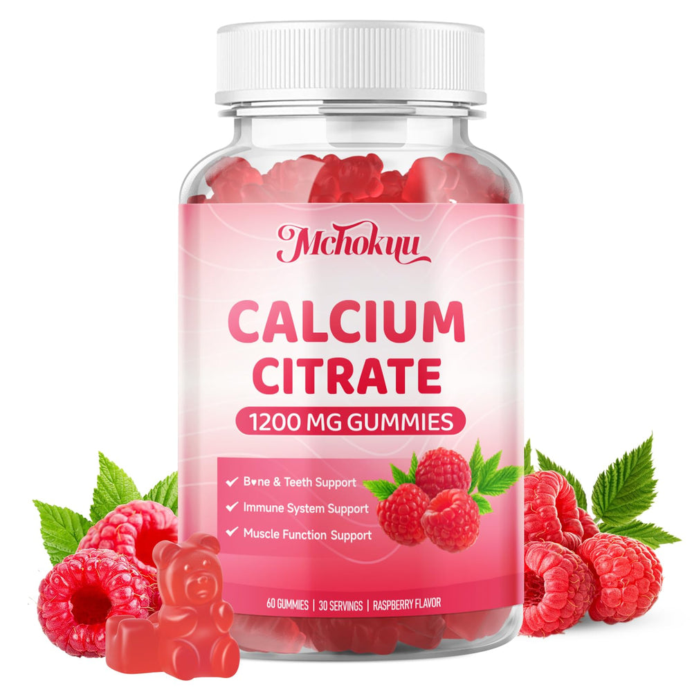 Raspberry-flavored calcium citrate gummies on a kitchen counter.