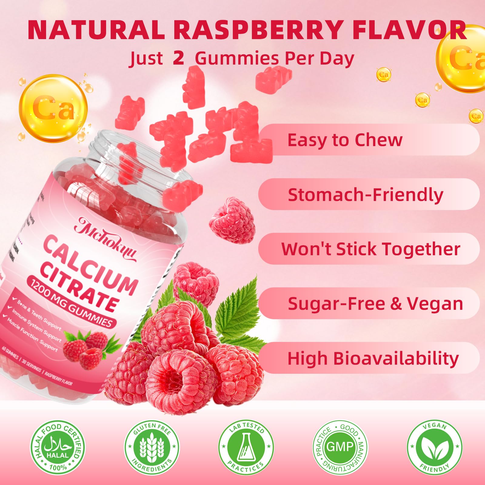 Mchokuu gummy texture macro shot highlights chewable, raspberry-flavored calcium.