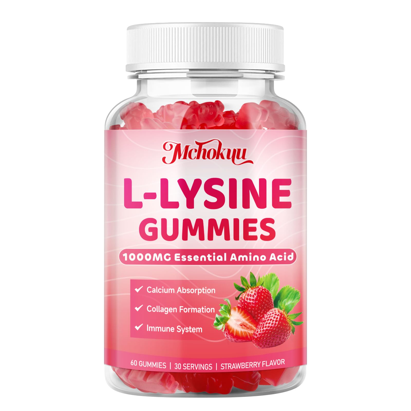 Compact 60-count bottle of Mchokuu lysine gummies.