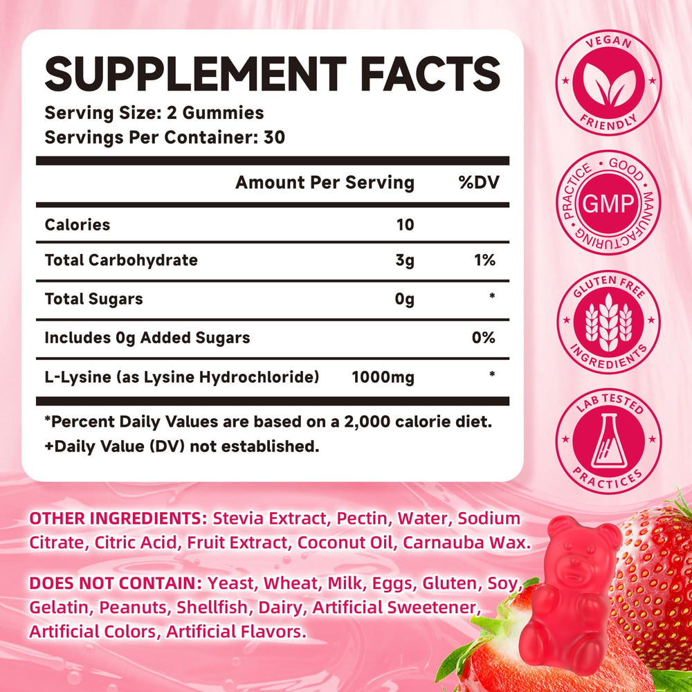 Mchokuu L-Lysine strawberry close-up, sugar-free vegetarian formula