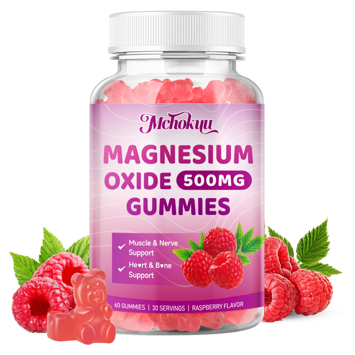 Mchokuu Magnesium Oxide Gummies bottle shows a 60-count daily support format