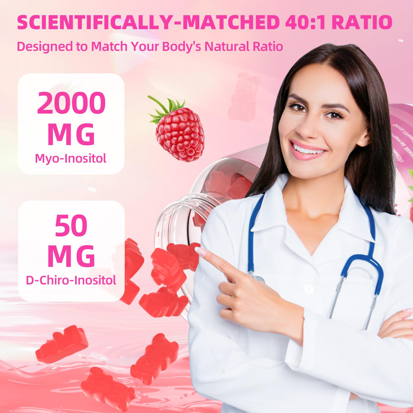 Mchokuu ingredients icons highlight inositol, D-chiro, vitamin D3, magnesium, zinc