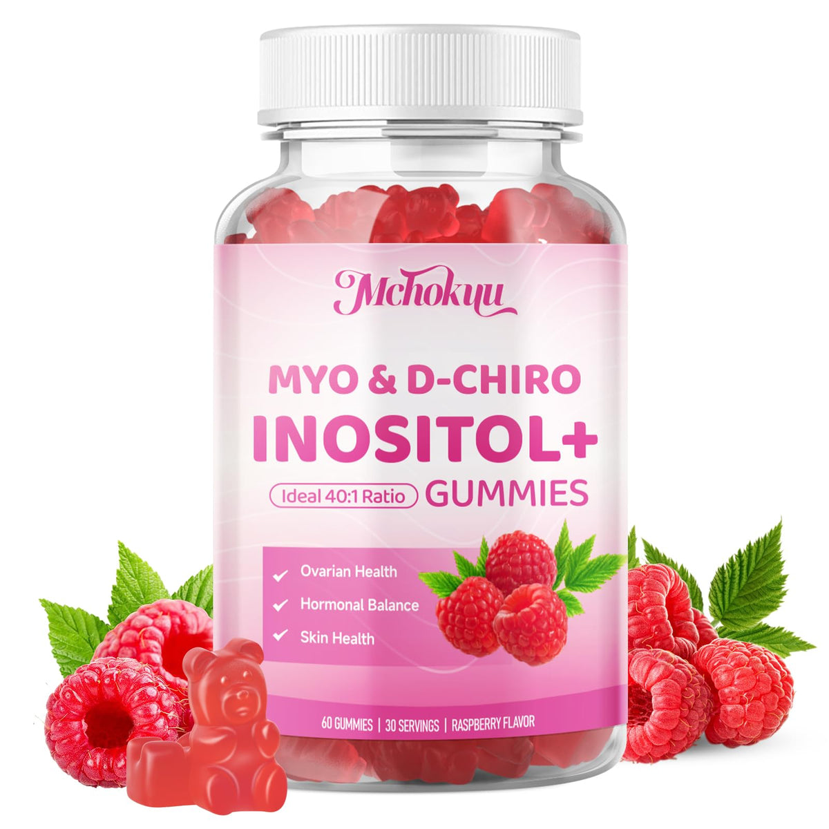 Mchokuu Myo-Inositol gummies raspberry bottle promotes daily hormonal balance