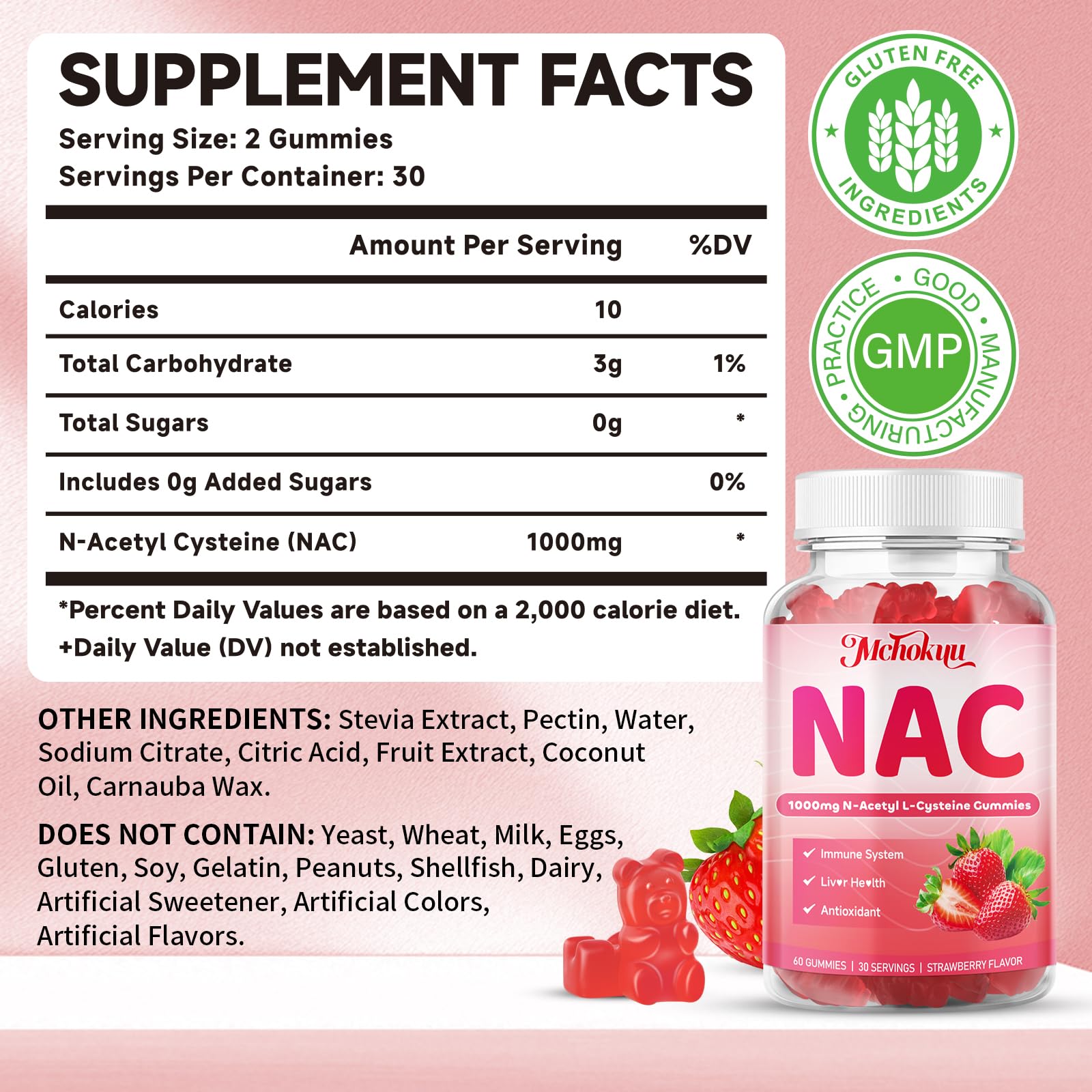 Back label of Mchokuu NAC Gummies bottle shows ingredients and allergen info.