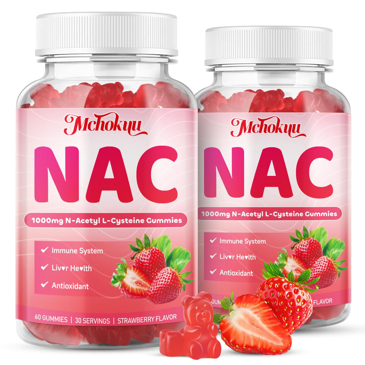 Front view of Mchokuu NAC Gummies bottle highlighting 1000 mg per gummy.