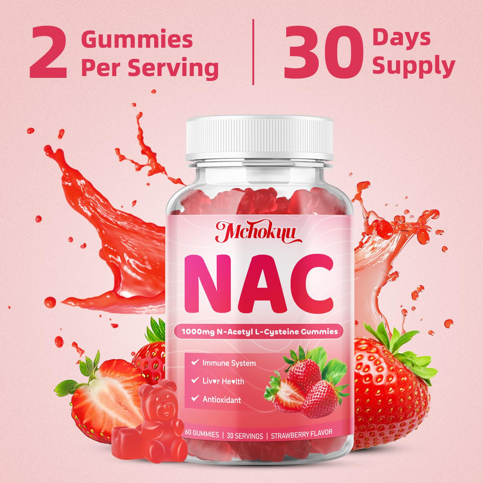 Two-bottle packaging of Mchokuu NAC Gummies for convenient ongoing use.