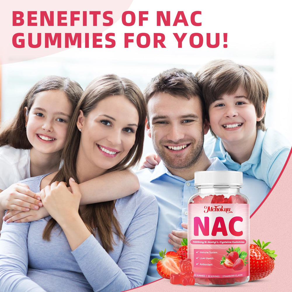 Closeup of Mchokuu NAC Gummies with strawberry flavor and chewy texture.