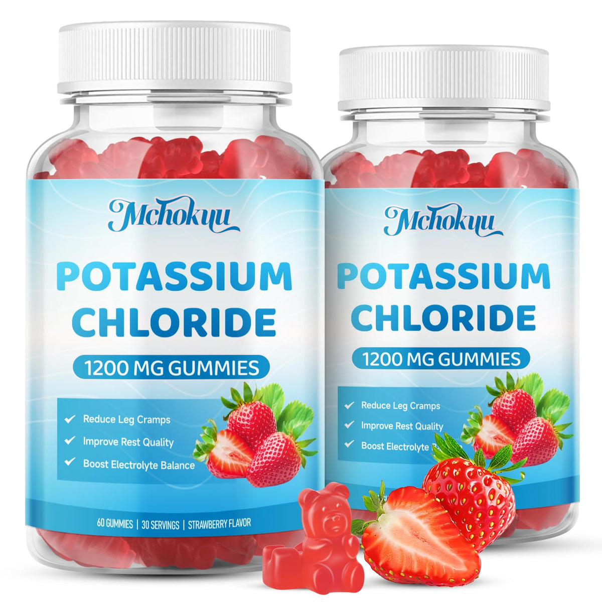 Mchokuu Potassium Chloride Gummies bottle front showing convenient strawberry flavor.