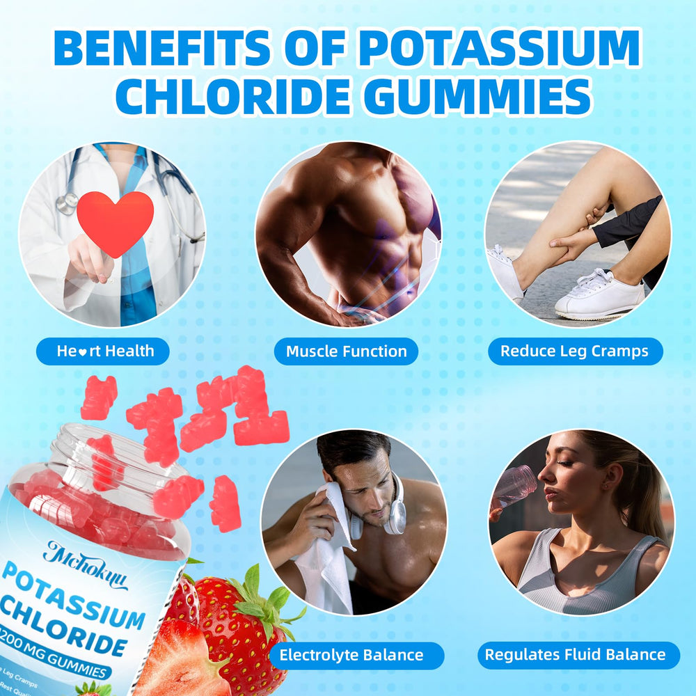 Mchokuu Potassium Chloride Gummies closeup strawberry texture for tasty daily support.