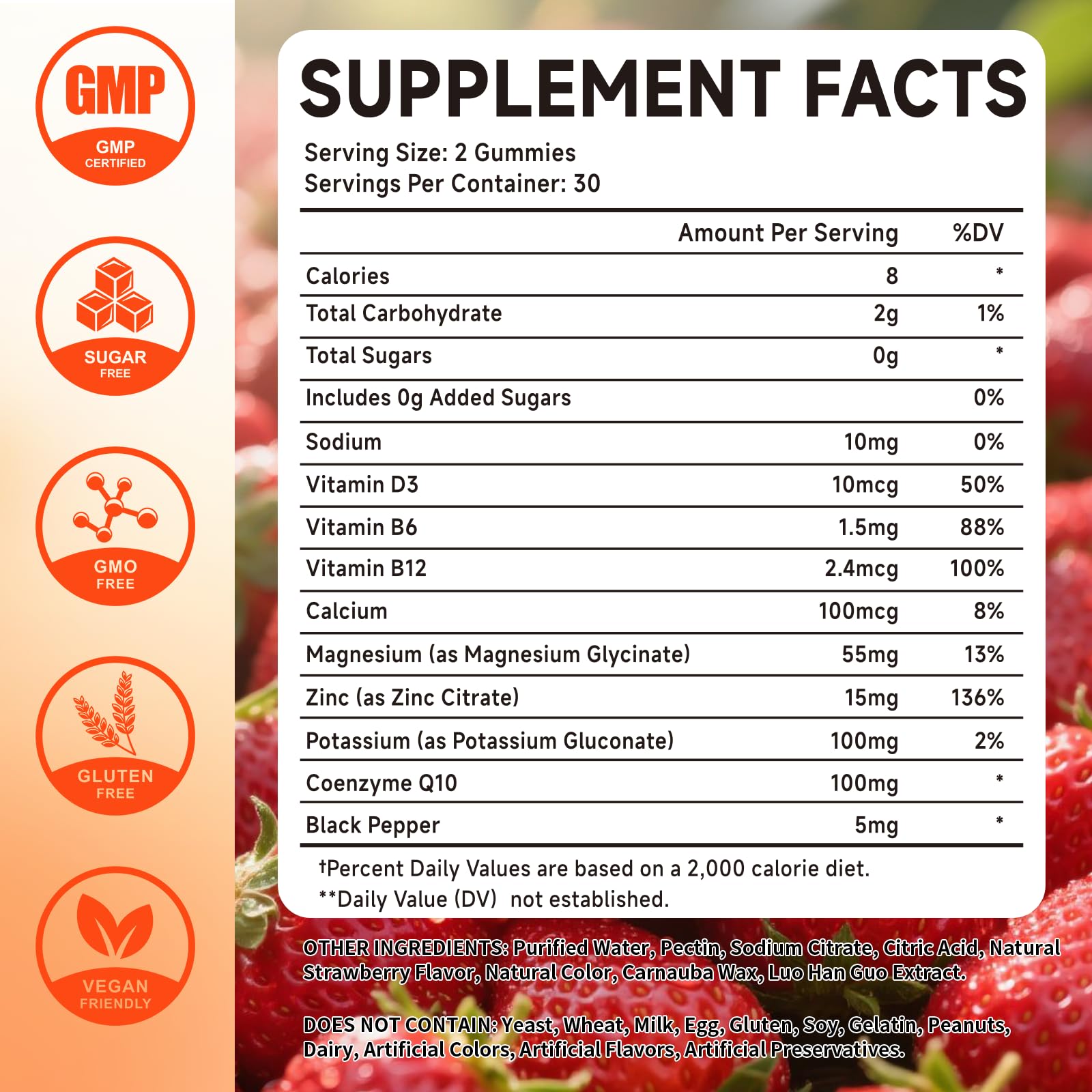 Mchokuu Gummies ingredients panel showing dual-mineral blend and vitamins