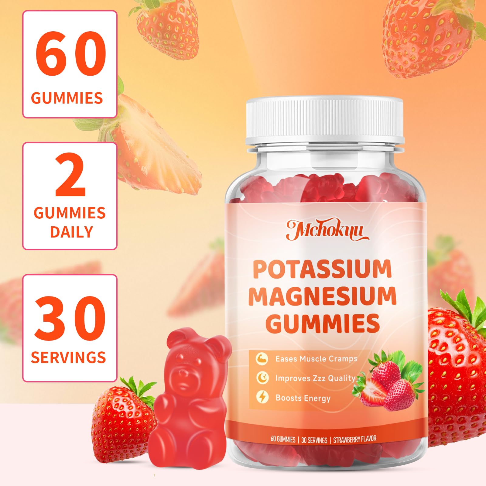 Mchokuu Strawberry gummies close-up indicating sugar-free and flavor