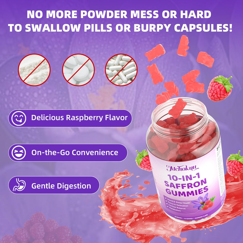 Mchokuu saffron gummies for adults, emphasizing focus and mood support during tasks.