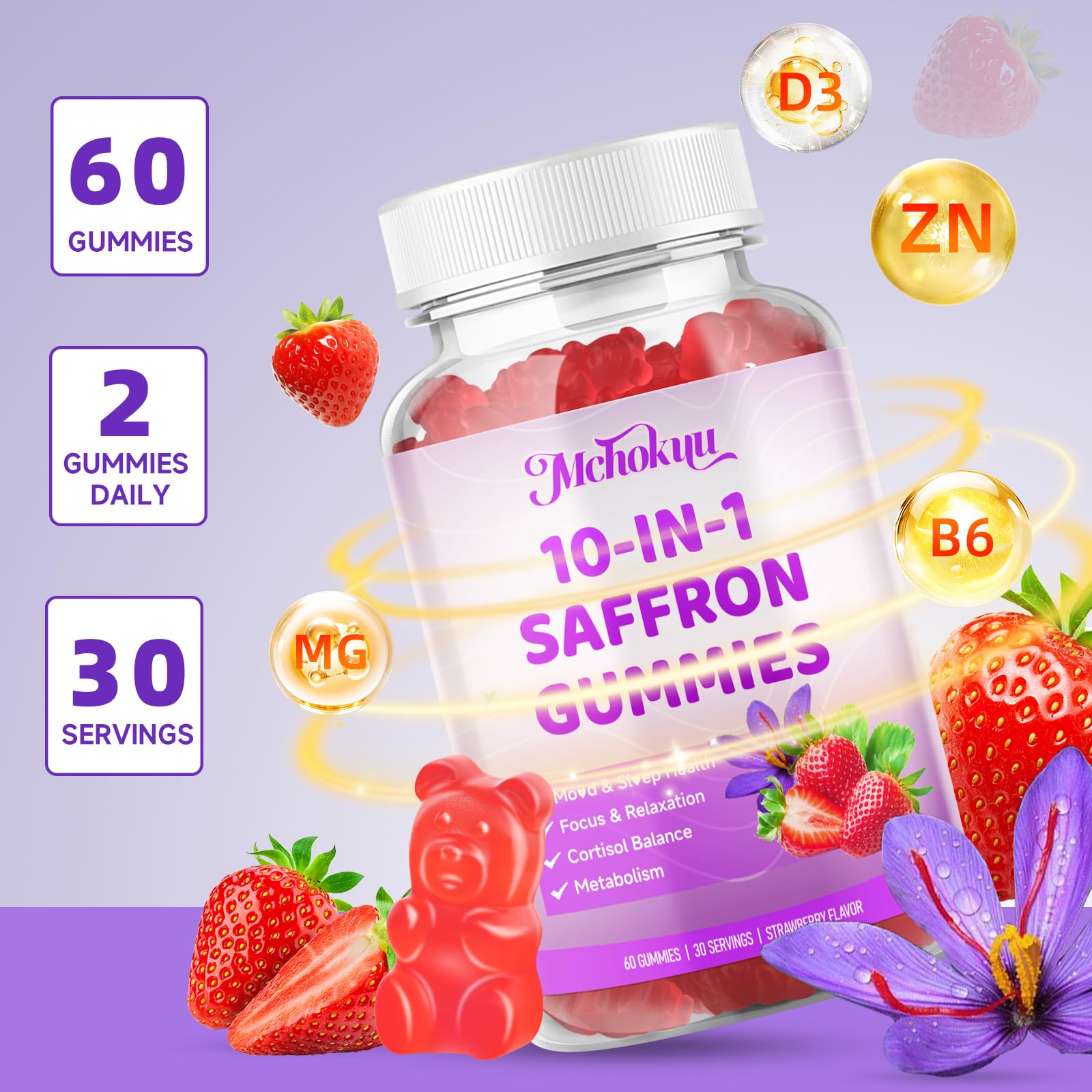Mchokuu saffron gummies bottle image shows convenient daily use.