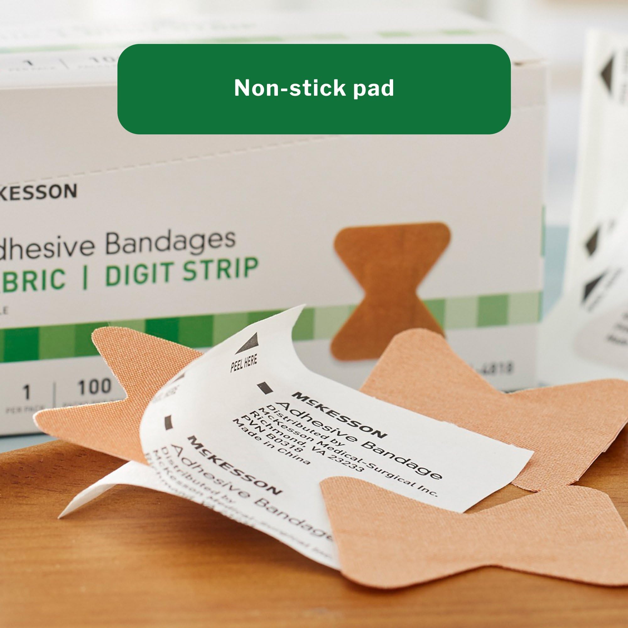 McKesson fabric bandage conforms to skin for movement.