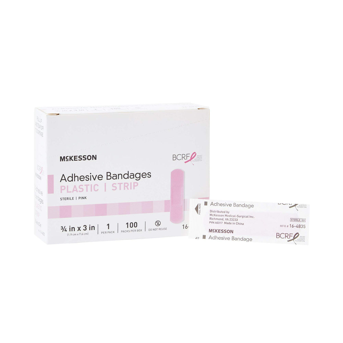 McKesson adhesive bandages with pink fabric strip for breathable protection