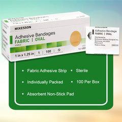 McKesson fabric oval bandage close-up showing long-lasting adhesive for secure wear.