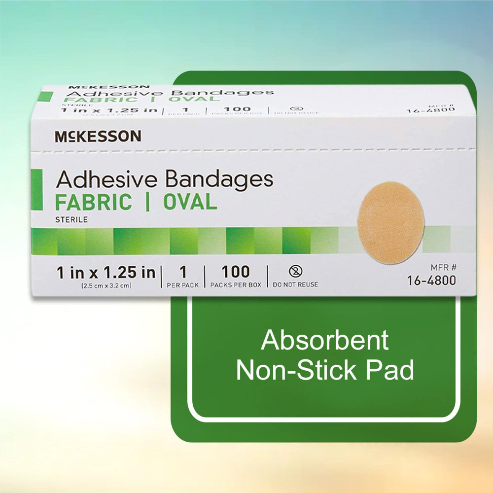 McKesson fabric oval bandage conforms to skin for comfortable movement.