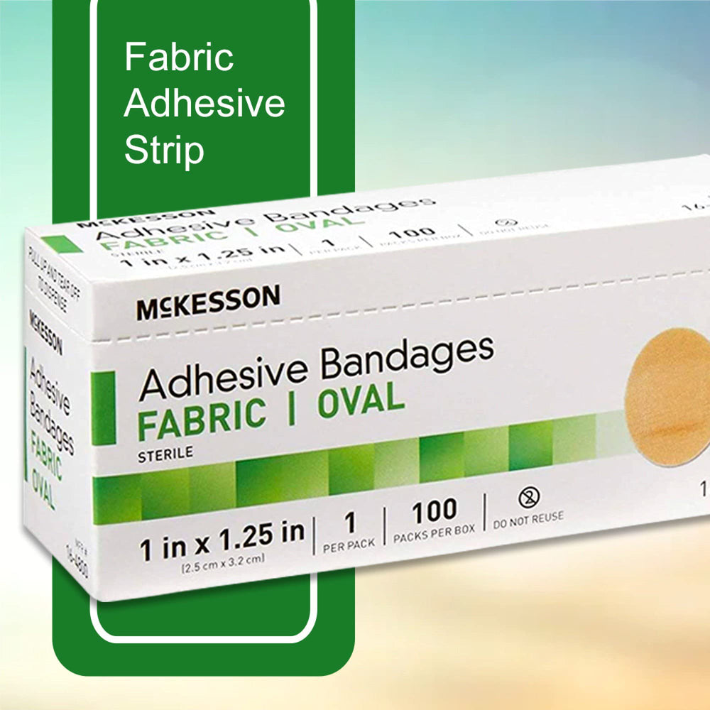 McKesson fabric oval bandage size 1x1-1-4 inch for minor injuries.