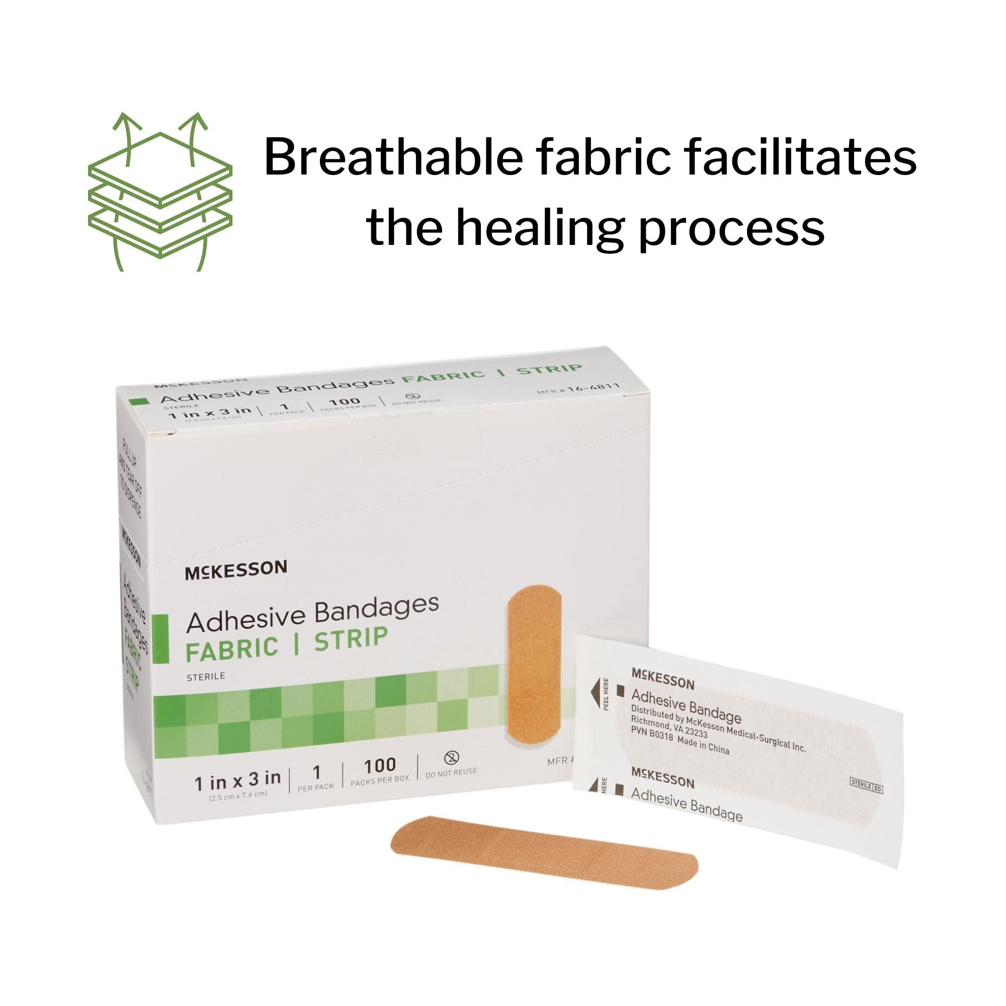 McKesson bandage pad detail highlights absorbent, non-stick surface for gentle removal.