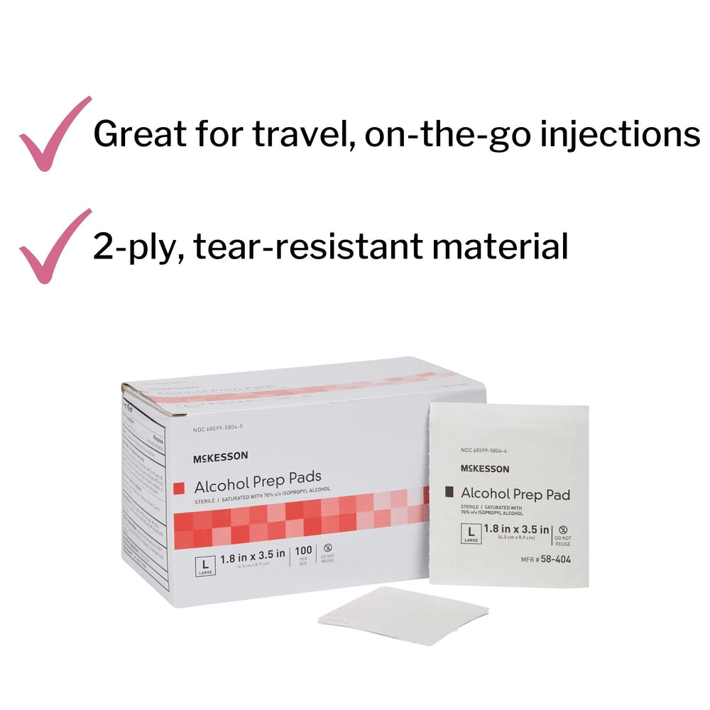 McKesson Alcohol Prep Pads con 70% isopropanol para desinfección rápida de la piel.