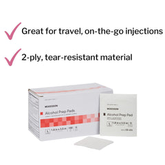 McKesson Alcohol Prep Pads con 70% isopropanol para desinfección rápida de la piel.